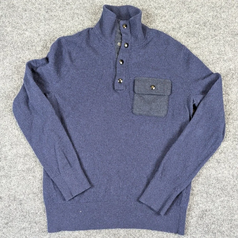 Banana Republic Mens M Navy Merino Wool Italian Yarn Mock Neck Snap Sweater